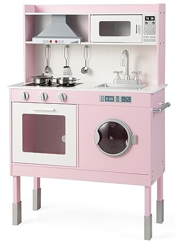 RELAX4LIFE Cucina Giocattolo in Legno per Bambini, Mini Cucina con Luci e Suoni Reali, Altezza Regolabile 95/99/101 cm, Set di Cucina per Bambini 3-8 Anni (Classica)
