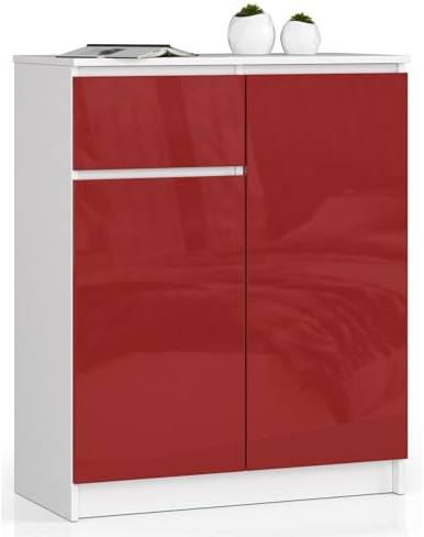 AKORD Kommode K80 80 cm | mit 2 Türen und 1 Schublade | für das Wohnzimmer | für das Schlafzimmer | für das Arbeitszimmer | Büro | B80 x H99 x T40 cm | Gewicht 42,25 kg | Weiß/Rot Glänzend