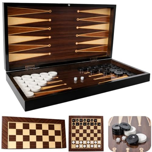 Park&Oz Walnut Premium Turkish Backgammon and Checkers Set 19 Inch Handmade 2 in 1 Wooden Board Game with Glossy Finish Luxury Checkers and Dice Travel Friendly and Foldable
