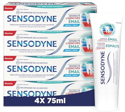 Sensodyne Zahnpasta für Sensibilität und Zahnfleisch, Schutz des Zahnschmelzes und Behandlung von empfindlichen Zähnen und Zahnfleisch, 4 x 75 ml