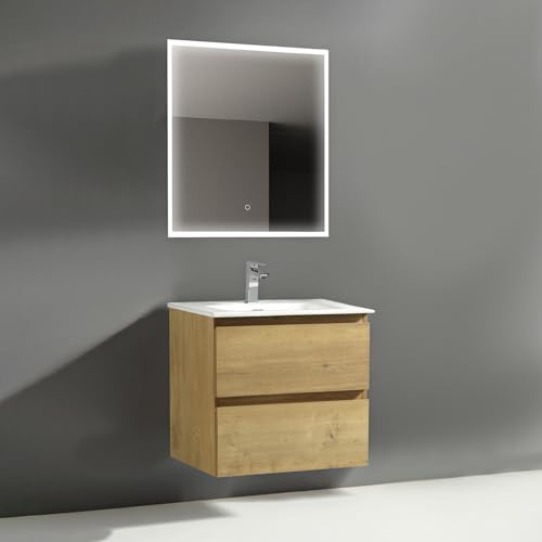 Alpenberger Waschbecken mit Unterschrank 60 cm Breit | Badezimmer Möbel 3 Teiliges Set mit Badezimmerspiegel | Waschtisch Gäste WC | Bad Spiegel mit LED Licht (Eiche Natur)