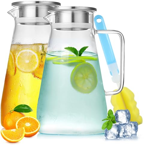 JOLIGAEA 2PCS Jarra de Cristal 2,3 Litros, Jarra de Agua Cristal con Tapa, Botella de Agua Hecha de Vidrio de Borosilicato, Jarras de Vidrio para Bebidas Frías y Calientes, Café, Jugo