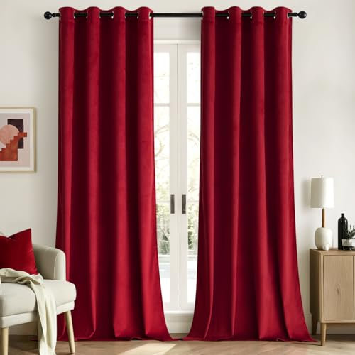 Woaboy Velvet Curtains 90 Drop Red Curtain for Living Room Thermal Blackout for Bedroom Luxury Eyelet Drapes Super Soft Window Treatment Insulated Soundproof & Room Darkening W 46 x L 90 2 Panels