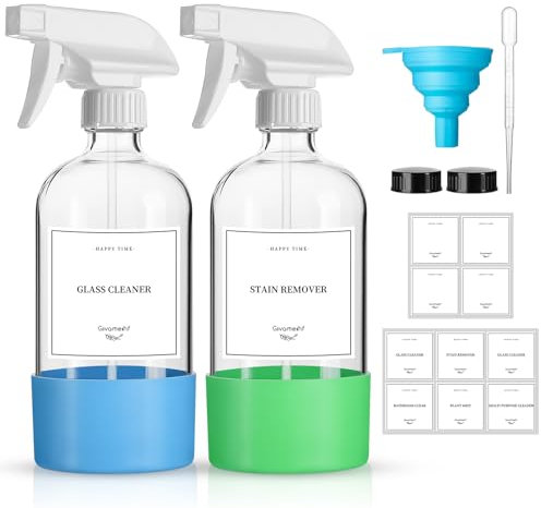 GIVAMEIHF 473 ml genomskinliga glassprayflaskor, 2-pack glassprayflaskor påfyllningsbar tom flaska med justerbart munstycke, sprayflaska för eteriska oljor, rengöring, husdjur, växt, hårspray
