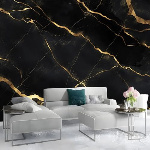 Papier Peint Panoramique 3D Noir Doré Texture Marbre Intissé Fond Noir pour Chambre Salon Mur TV Artistique XXL Poster Décoration Murale 250x175cm