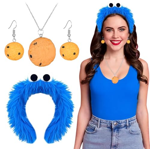 Haarreif Cookie Monster + Cookie Halskette + Handgemachte Keks-Ohrring | Cookie Keks Monster Haarreif, Krümelmonster Kostüm, Realistisches Design,Perfekt für Karneval,Halloween,Maskerade,Cosplay