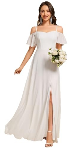 Ever-Pretty Vestido de Noche Largo Gasa con Hombros Descubiertos y Volantes para Mujer Blanco 40