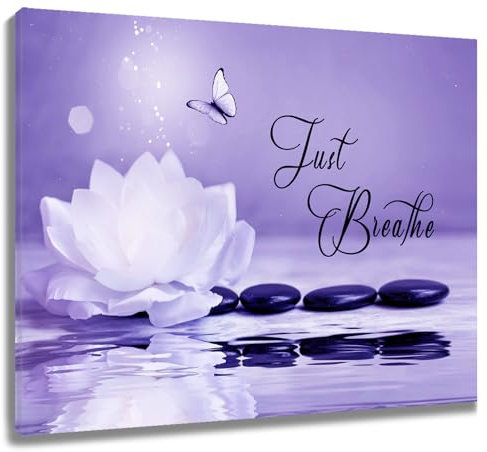 LB Wandbilder Zen-Stein Wanddruck Seerose Blume Lila Schmetterling Leinwand Bilder Just Breathe Yoga Spa Entspannen Poster für Wohnzimmer Schlafzimmer Badezimmer Wand Deko,30x30cm Gerahmt