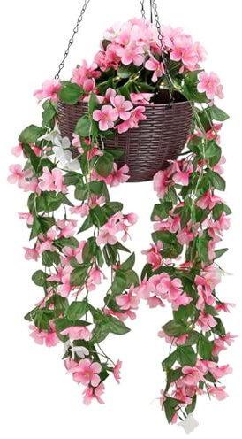 Taylor & Brown Solar Powered Artificial Floral Outdoor Hanging Basket With 80 LED's Brown Rattan Effect Planter for Patio Lawn Garden Landscape Décor with Chain