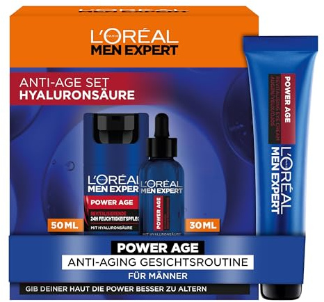 L'Oréal Men Expert Anti Aging Pflegeset gegen Falten für Männer, Geschenkset mit Gesichtscreme, Gesichtsserum & Augencreme, Set für Herren mit Hyaluronsäure, Power Age, 3-teilig
