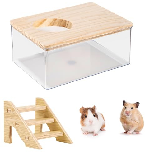 Zyiphor Hamster Sandbad Hamster Badewanne Rennmaus Sandbad mit Leiter Hamsterkäfig Sandbad Hamster Sandbadbehälter Container mit Holzdeckel für Mäuse Lemminge Rennmäuse