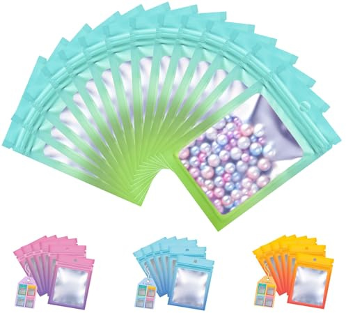 Plaphy 100 Sacchetti Mylar in Alluminio con Finestra,Blu e Verde,7x10cm | Buste Mylar Ermetiche per Alimenti, Bustine con Foro di Sospensione per Confezionamento, Conservazione,Vendita al Dettaglio