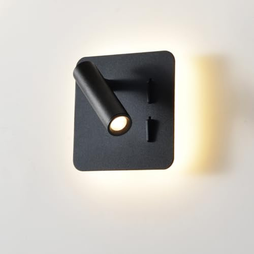 Leselampe Wandmontage Schwarz,Wandleuchte mit Schalter,Modern Led Wandlampe Innen 3W+8W, Leselicht Schwenkbar 180°,Wandbeleuchtung für Schlafzimmer,Hotels,Wohnzimmer,Nachttischlampe,3000K Bettlampe
