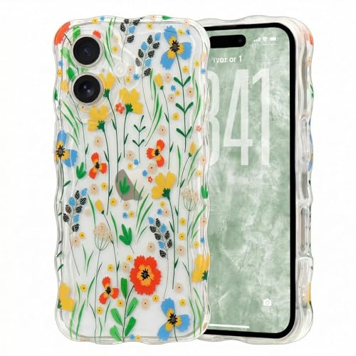 Micoden for iPhone 17 Case Clear with Flower Floral Anti-Yellowing | Cute Curly Wave Frame,Soft TPU Slim Bumper,Shockproof Anti-Scratch Protective Wavy Cover for Girls Women-Orange