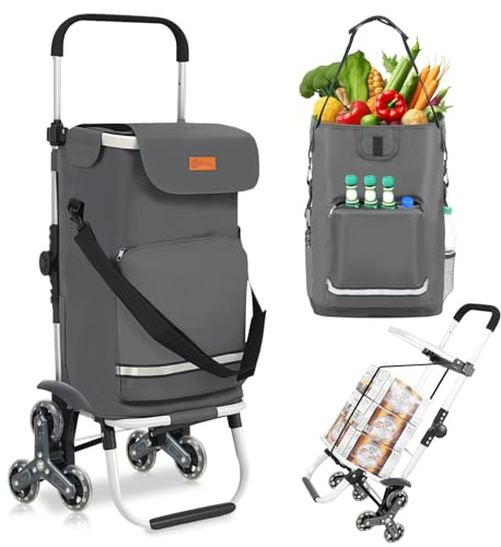 Sekey XXL Einkaufstrolley Treppensteiger mit 3 Rädern, Einkaufswagen | für Camping und Einkäufe mit Höhenverstellbarem Griff, Aluminium 3-in-1 Trolley, Inklusive Kühlfach und Getränkefach, Grau
