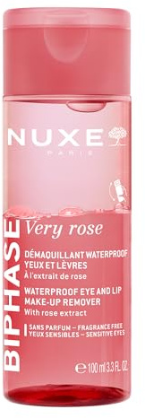 Nuxe Very Rose - Desmaquillante impermeable para ojos y labios, 100 ml, limpiador bifásico para ojos sensibles, elimina el maquillaje impermeable y de larga duración, acabado no graso, con extracto de