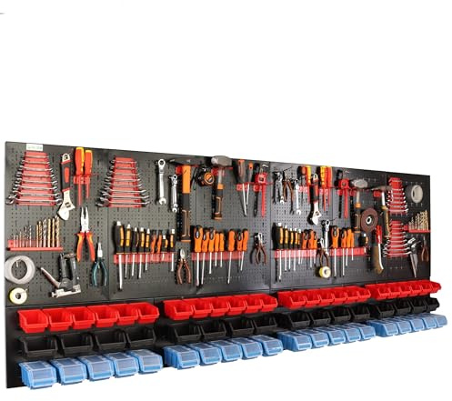 botle® Werkzeugwand Lochwand aus Metall, Stapelboxen + Wandregal + Werkzeughalter 114-tlg Set, Kleinteilelager, Wandwerkstatt mit 60 stapelbaren in 3 Farbe Behältern auch mit Deckeln, Hängeregal