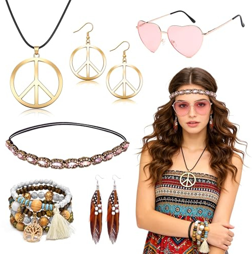 6 Stück Hippie Accessoires Set für Damen, Hippie Kostüm Damen, 60er 70er Jahre Accessoires mit Herz Sonnenbrille, Armband, Peace Zeichen Schmuck, Stirnband, Boho Zubehör für Retro Partys Karneval