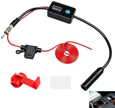 Amplificador Antena Coche, Amplificador FM Coche Universal 12V, Amplificador Señal FM 25 dB de Bajo Ruido con Conector SMB, Adhesivo y Clip Rojo Booster de Recepción para Radio de Coche para Vehículos