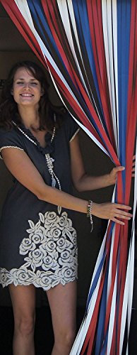 Heavy Duty Strip Blind/Fly/Door curtain for doorways- Red/White/Blue – 90 cm Width x 200cm drop complete with self adhesive fitting hooks for Upvc door frames