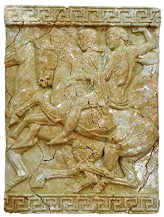 Antikes Wohndesign Griechisches Wandbild Wandrelief Mäandermuster Reiterkampf Braun Marmor Optik
