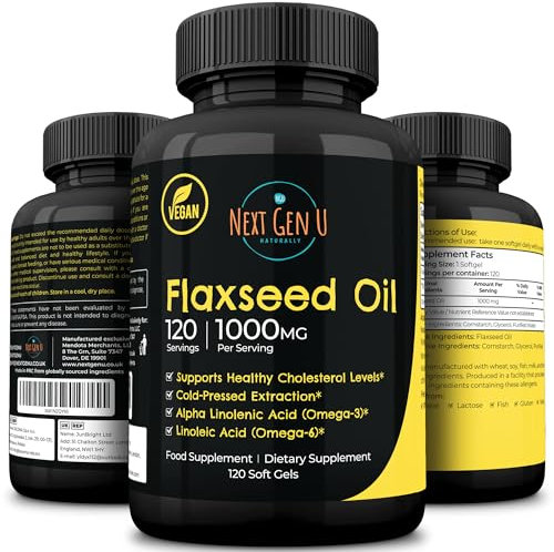 Flaxseed Oil Capsules - 1000 mg - 120 Vegan Soft Gels - High in Omega 3, 6, 9 - Cold Pressed Flax Seed Formula - 4 Months Supply - by NextGenU