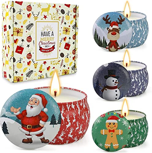Weihnachtskerzen,Duftkerzen Geschenkset,Tragbares Blech Geschenkset im 4er-Pack,120 Brennstunden, Natürliches Sojawachs Duftkerzen Set, Duftkerze Weihnachten für Geschenke für Fraue, Neujahrsgeschenke