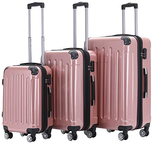 BEIBYE Zwillingsrollen 2048 Hartschale Trolley Koffer Reisekoffer in M-L-XL-Set in 15 Farben (Rosagold, Set)