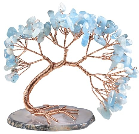 Nupuyai Aquamarin Edelstein Baum Geldbaum Feng Shui Kristall Hochzeit Deko | Wunsch Kristallbaum mit Achat Scheibe Basis, Heilstein Glücksbaum, kristall Lebensbaum Hochzeit Geschenk Wohn Deco