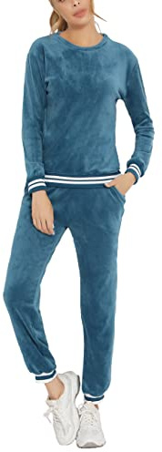 Enjoyoself dam Nicki hemmadräkt sammetslen mjuk 2 delar velour fritidsoverall med paljetter manschetter rund hals långärmad tröja + resår byxor med ficka, A- Blå, S