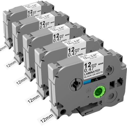 5x Schriftband kompatibel für Brother TZe-231 TZ-231 12mm 0.47 Laminiert Schwarz auf Weiß für P-Touch PT-H100R PT-H110 PT-H105 PT-D400 PT-D210 PT-1000 Etikettendrucker Beschriftungsband