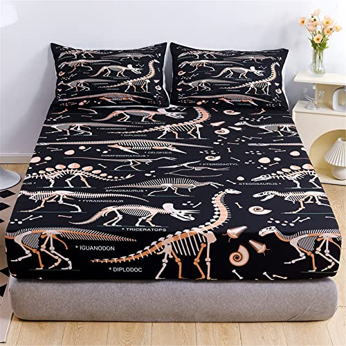 URLINENS Dinosaur Fitted Sheet Queen Size, Wildlife Dinosaur Sheet Set for Kids Boys Girls Teens Fun Bed Sheet, Jurassic Evolution Dino Bones Bedding Set 3 Piece 1 Fitted Sheet and 2 Pillowcase