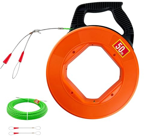 Kabeleinziehhilfe 50m,Einziehspirale,Einziehfeder,Polyester Zugdraht Fish Tape Einziehhilfe FüR Kabel Mit 2 FüHrungsfedern,Mit KunststoffgehäUse,Kabel-Einführungsgerät (50M-A)