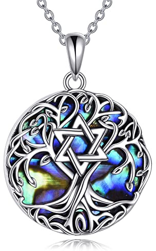 YFN Tree of Life Necklace Sterling Silver Star of David Tree Pendant Abalone Shell Celtic Jewellery Gifts for Women Men
