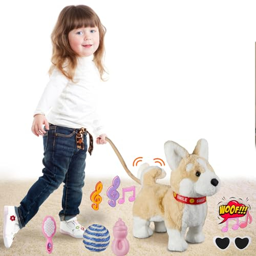 Corgi Walking Puppy, Barking & Singing, Dancing with Leash, Wagging Tail, Electronic Robot Dog Plush Stuffed Animal for Kids
