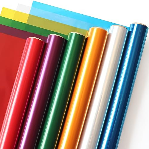 SYOGUA Transparente farbige Zellophanrolle – 6 Farben, 86,4 cm x 5 m Zellophanpapierrollen – Rot, Lila, Grün, Gold, Blau, transparente Zellophanfolie für Geschenkkörbe, Leckereien, Bastelprojekte