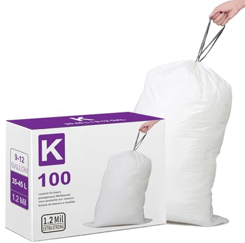 Code K Heavy Duty Drawstring Trash Bags 1.2 Mil THICK 100 Count Compatible with simplehuman Code K Trash Can | 9-12 Gallon 35-45 Liter Heavy Duty White Garbage Can Liners