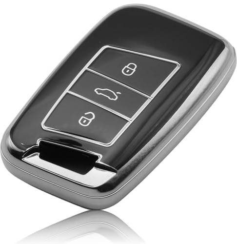 FOAMO Autoschlüssel Hülle Kompatibel mit VW Passat B8, SEAT, Skoda Keyless - TPU Schlüsselhülle - Schutz-Hülle für Schwarz-Silber