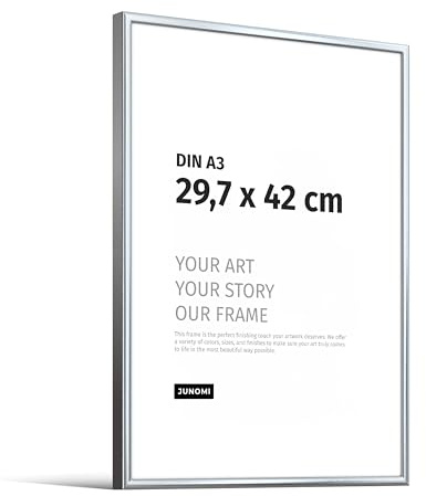 JUNOMI® Bilderrahmen DIN A3 (29,7x42 cm), Aluminium Silber glänzend | Moderner schmaler Rahmen aus Aluminium mit bruchsicherem Acrylglas, Hoch- und Querformat, für Fotos, Poster und Kunstdrucke