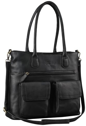 Benthill Handtasche Damen Leder | Vintage Henkeltasche aus echtem Rindsleder | Große Umhängetasche | Echt Leder Shopper, Farbe:Schwarz
