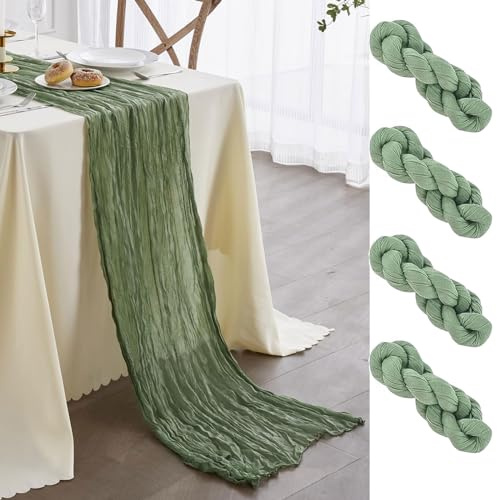 Newthinking Lot de 4 chemins de table en étamine, vert sauge, 3 m, en gaze rustique, pour décoration de table de mariage, fête de vacances, 90 x 300 cm