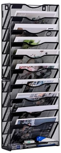 TQVAI Metall 10 nivåer väggfilhållare nät väggmonterad tidningsställ skrivbord stationär prydlig organiserare i bricka för kontor skoltillbehör, svart