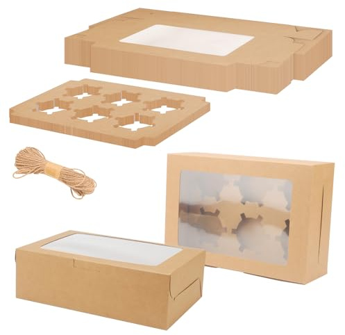 MOUYAT 40 Pack Kraft Cupcake Boxes 6 Hole, Brown Cupcake Boxes with Window and Inserts, Cupcake Carrier for Cupcakes, Muffins, Desserts and Donuts, 24 x 16 x 7.5cm