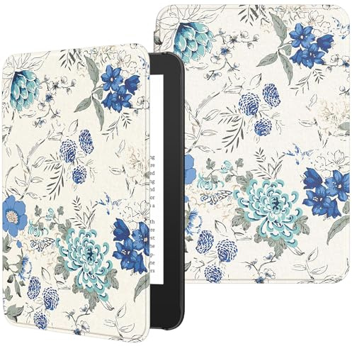 MoKo Hülle für 6 Amazon Kindle 11.Gen,2024/2022, White Blue Floral | Leichte Schutzhülle，Auto Aktiv-/Ruhemodus, wasserdichte Schutzhülle,für Amazon Kindle Basic 11. Generation 2024/2022