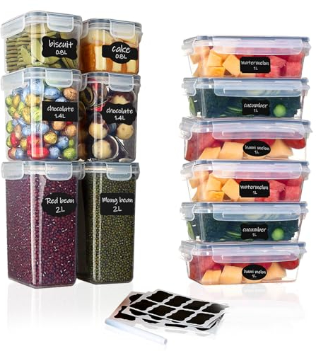 Set di 12 Contenitori Ermetici per Alimenti: 6 Contenitori Plastica con Coperchio (Impilabili/Blu) per Armadio e 6 Contenitori Plastica con Coperchio (Orizzontali/Neri) per Frigorifero e Trasporto