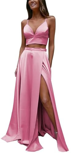 Robe de bal en satin avec col en V et bretelles spaghetti pour femme, Rose poudré, 48