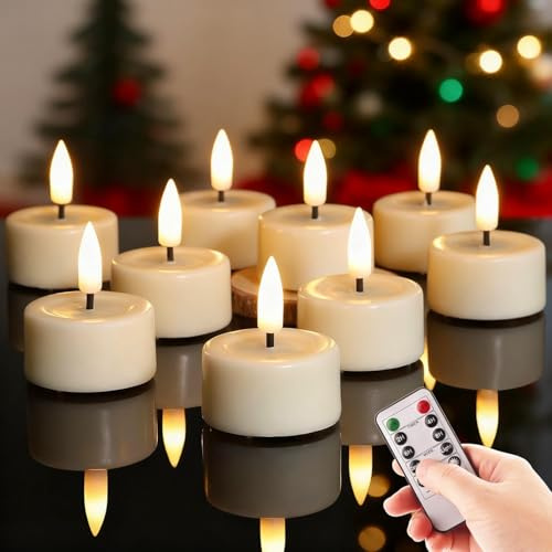 Eywamage Elfenbeinfarbe Flammenlose Wachsteelichter mit Fernbedienung und Batterien, flackernde LED-Teevotivkerzen Set von 10