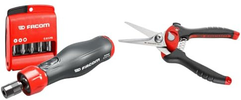 Facom Tournevis Assisté 4V E-PROTWIST avec Embouts PH-PZ-6 Pans Torx - Jeu de 12 Pièces - ATPA4V.J12APB, Noir/Rouge & Cisaille multi-usage - 980P