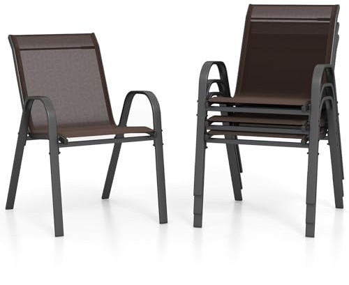GOPLUS Lot de 2/4 Chaises de Jardin Extérieur en Métal et Textilène Respirant, Fauteuil de Jardin Empilable et Anti-dérapant avec Accoudoirs et Dossier, Idéal pour Patio, Terrasse (56x70x84cm,Brun,4)