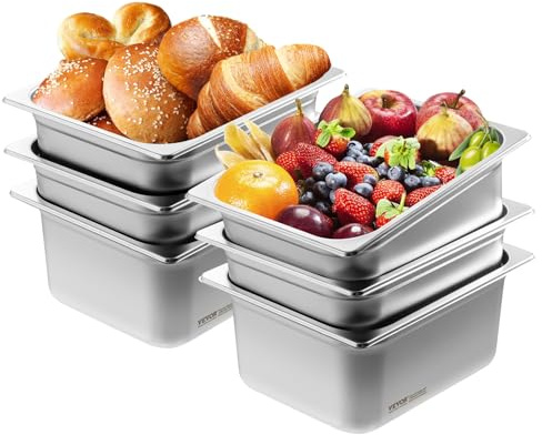 VEVOR Bac Gastronorme GN 1/2 Lot de 6, Récipient Inox pour Bain-marie 0,8 mm d'Épaisseur, Bac Inox Alimentaire 14,8 cm Profondeur, pour Fours à Convection, Réfrigérateurs, Stockage, Restauration